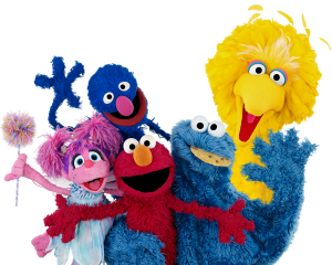 Sesame Street characters left to right: Abby, Grover, Elmo, Cookie Monster, Big Bird