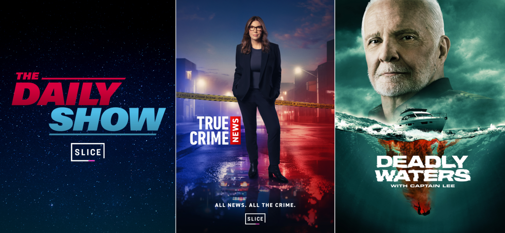 Left to right: blue graphic with "The Daily Show" logo, the host of True Crime News, and an image of a captain and his ship for Deadly Waters